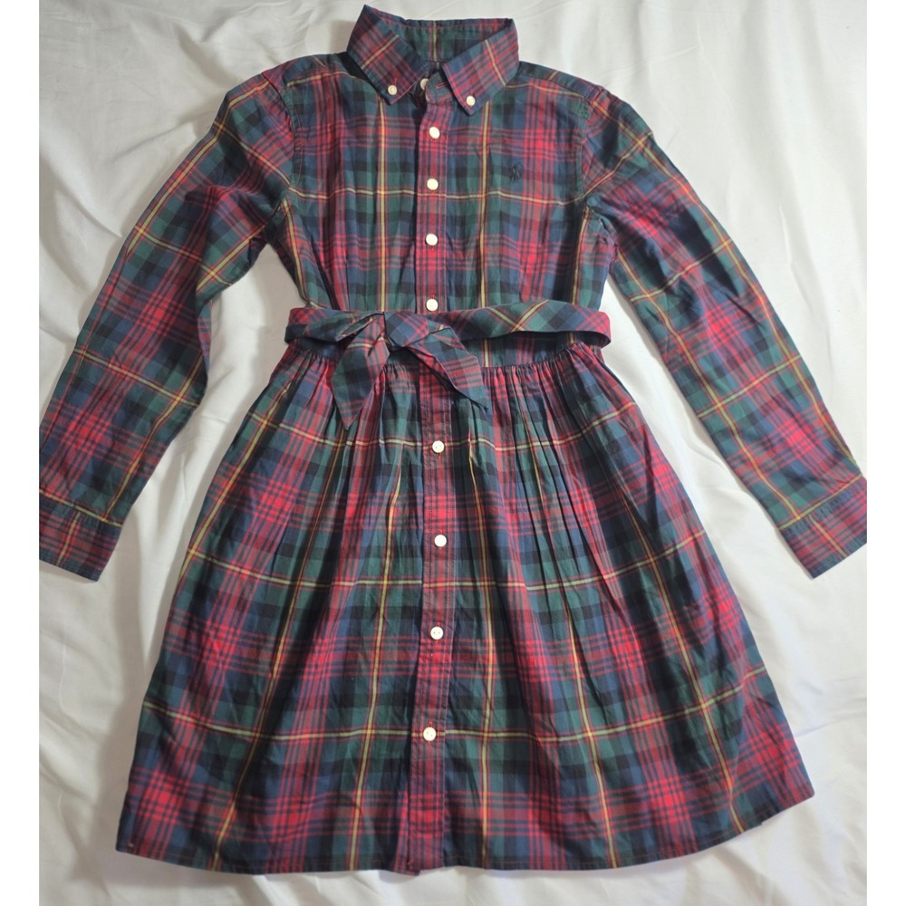 Polo Ralph Lauren Girls Red Green Plaid Cotton Twill Shirtdress Size 4 NWOT